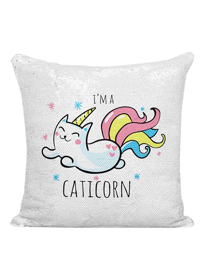 I Am A Caticorn Sequined Polyester Decorative Pillow Silver/White/Black 16x16inch - Image 1