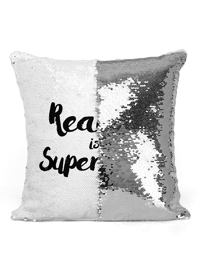 Reading Is My Super Power Sequined Pillow Silver/White/Black 16x16inch - Image 2