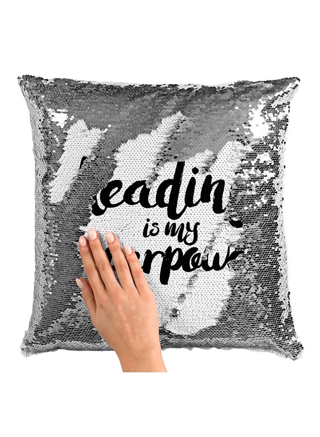 Reading Is My Super Power Sequined Pillow Silver/White/Black 16x16inch - Image 3