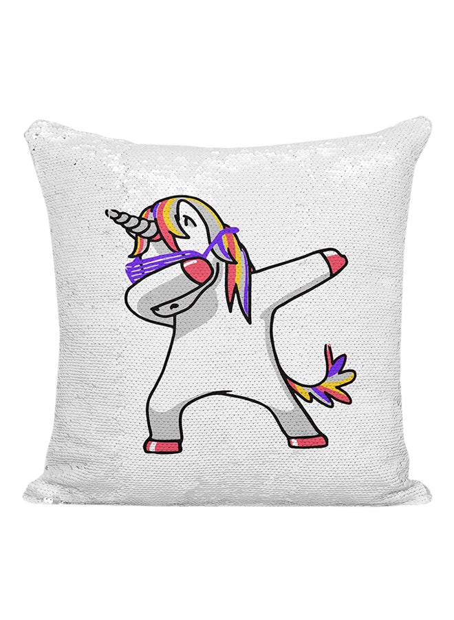 Dancing Unicorn Funny Witty Mood Sequined Decorative Pillow Silver/White/Pink 16x16inch - Image 1