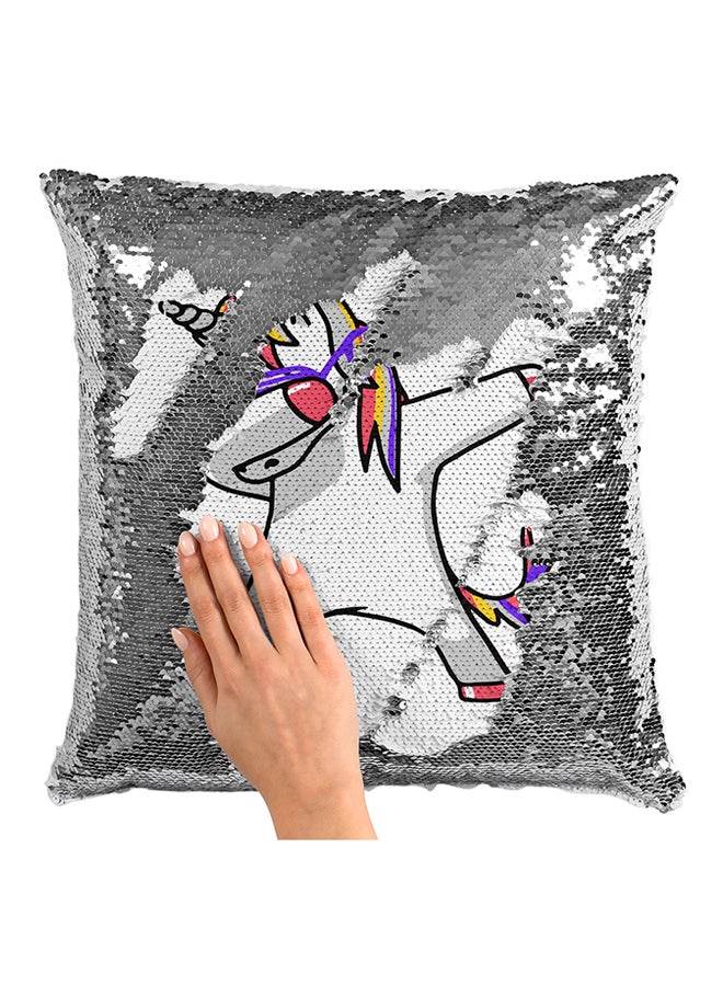 Dancing Unicorn Funny Witty Mood Sequined Decorative Pillow Silver/White/Pink 16x16inch - Image 3