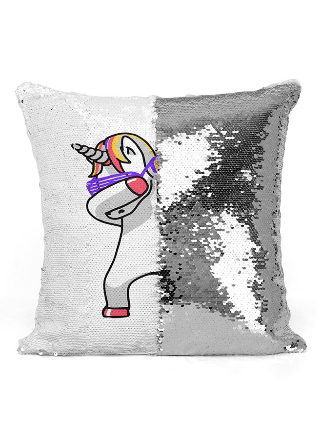 Dancing Unicorn Funny Witty Mood Sequined Decorative Pillow Silver/White/Pink 16x16inch - Image 2