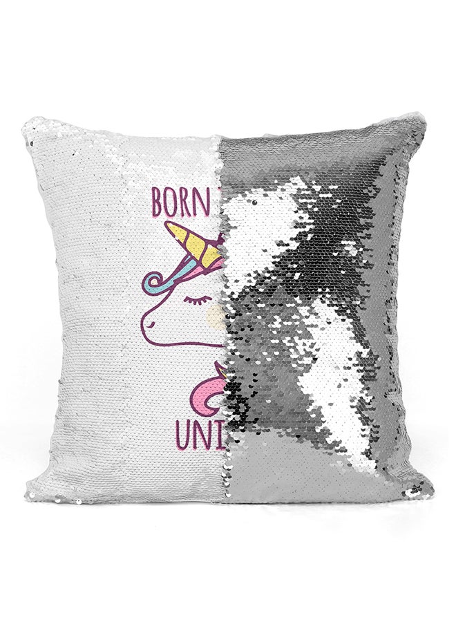 وسادة مطرزة مطبوعة بعبارة "Born To Be A Unicorn" أبيض/وردي/أصفر 16x16بوصة - Image 2