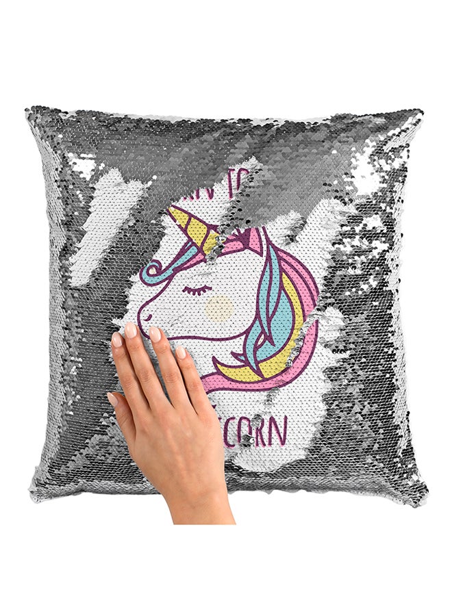 وسادة مطرزة مطبوعة بعبارة "Born To Be A Unicorn" أبيض/وردي/أصفر 16x16بوصة - Image 3