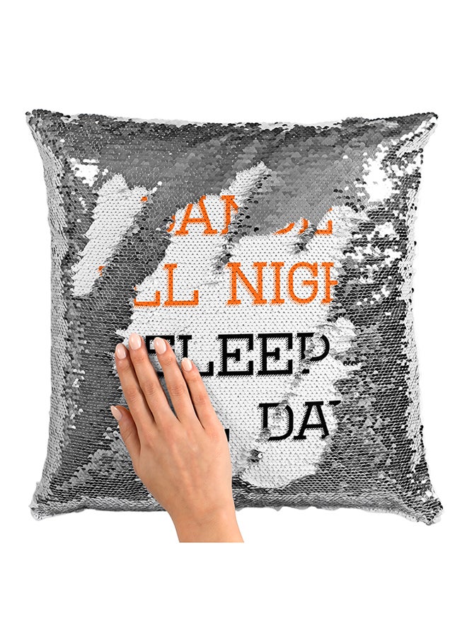 وسادة مطرزة مطبوعة بعبارة "Dance All Night Sleep All Day" الأبيض/ البرتقالي/ الأسود 16x16بوصة - Image 3