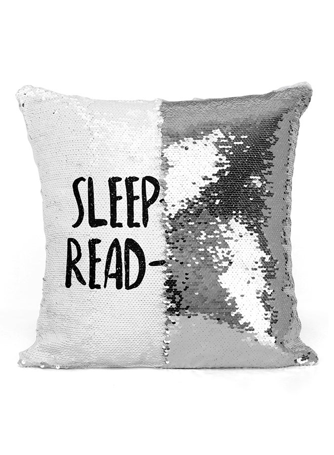 Sleep Less Read More Motivational Printed Sequined Pillow White/Black 16x16inch  - Image 2