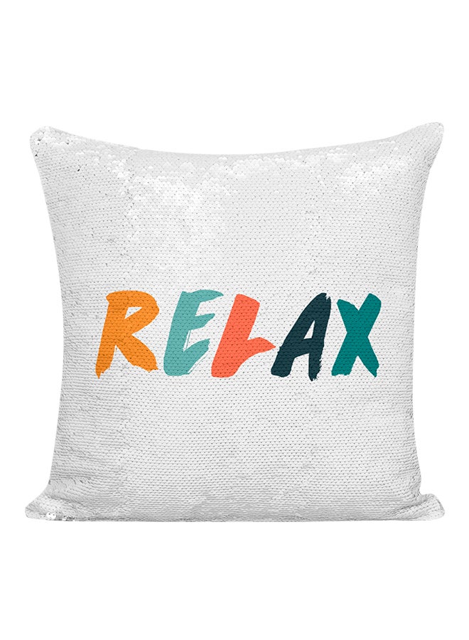 وسادة للديكور مزينة بالترتر مطبوع عليها كلمة مقتبسة عن التأمل "Relax" أبيض/فضي/أخضر 16x16بوصة - Image 1