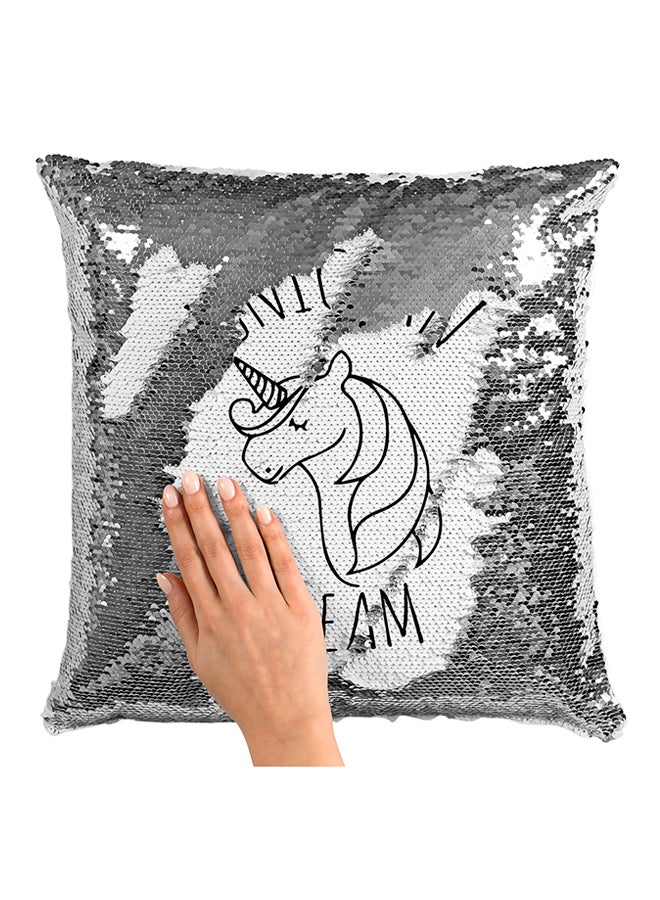 Unicorn Dream Sequined Decorative Pillow White/Silver/Black 16x16inch - Image 3