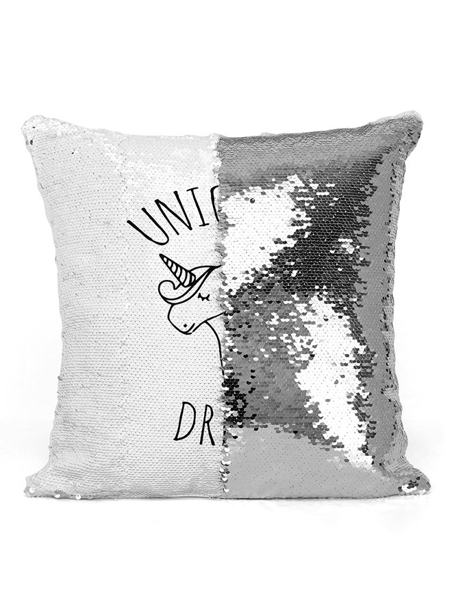 Unicorn Dream Sequined Decorative Pillow White/Silver/Black 16x16inch - Image 2