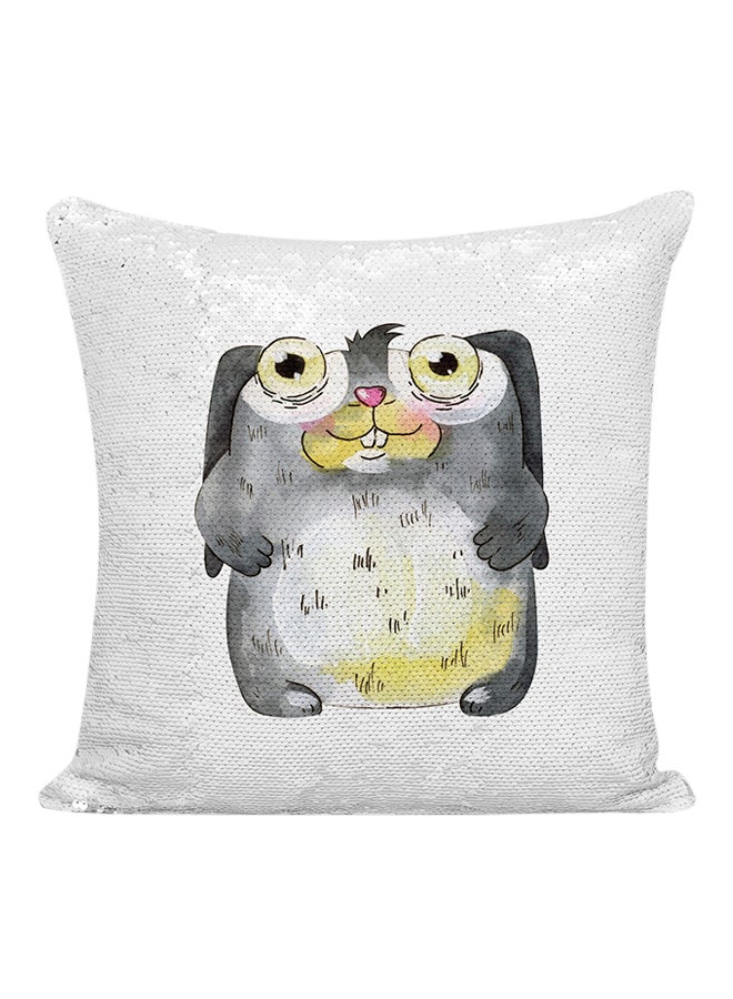 Little Bunny Rabbit Cartoon Sequined Pillow White/Silver/Black 16x16inch - Image 1