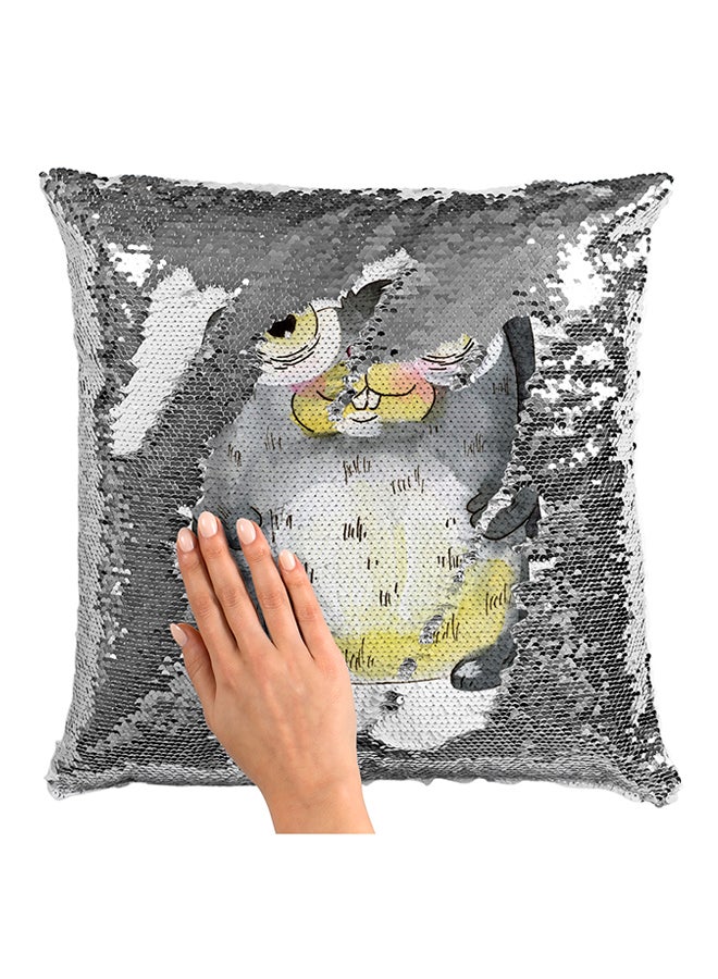 Little Bunny Rabbit Cartoon Sequined Pillow White/Silver/Black 16x16inch - Image 3