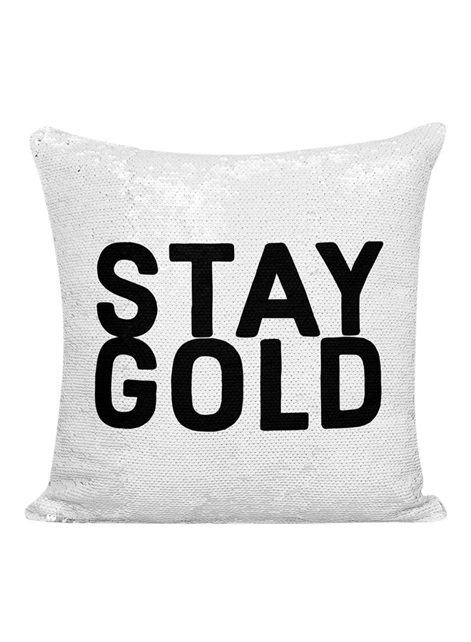 وسادة مزينة بالترتر ونمط مطبوع لعبارة "Stay Gold" أبيض/ أسود 16x16بوصة - Image 1