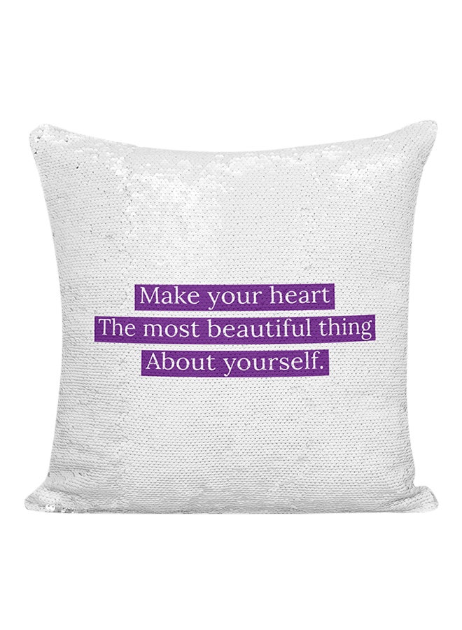 وسادة زينة مطرزة باقتباس تحفيزي "Make You Heart Beautiful About Yourself" أبيض/فضي/أرجواني 16x16بوصة - Image 1
