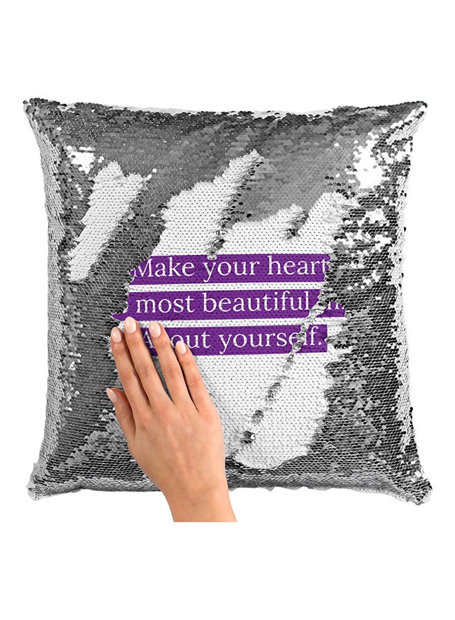 وسادة زينة مطرزة باقتباس تحفيزي "Make You Heart Beautiful About Yourself" أبيض/فضي/أرجواني 16x16بوصة - Image 3