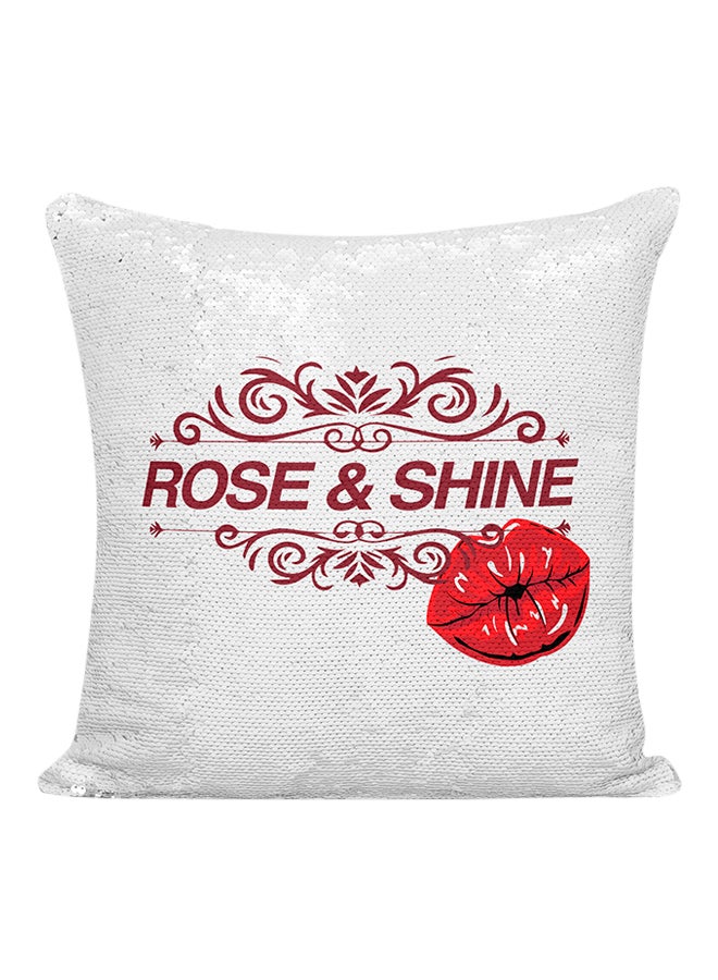 وسادة زينة جميلة مطرزة بعبارة "Rose And Shine" مع نقش شفاه أبيض/أحمر 16x16بوصة - Image 1