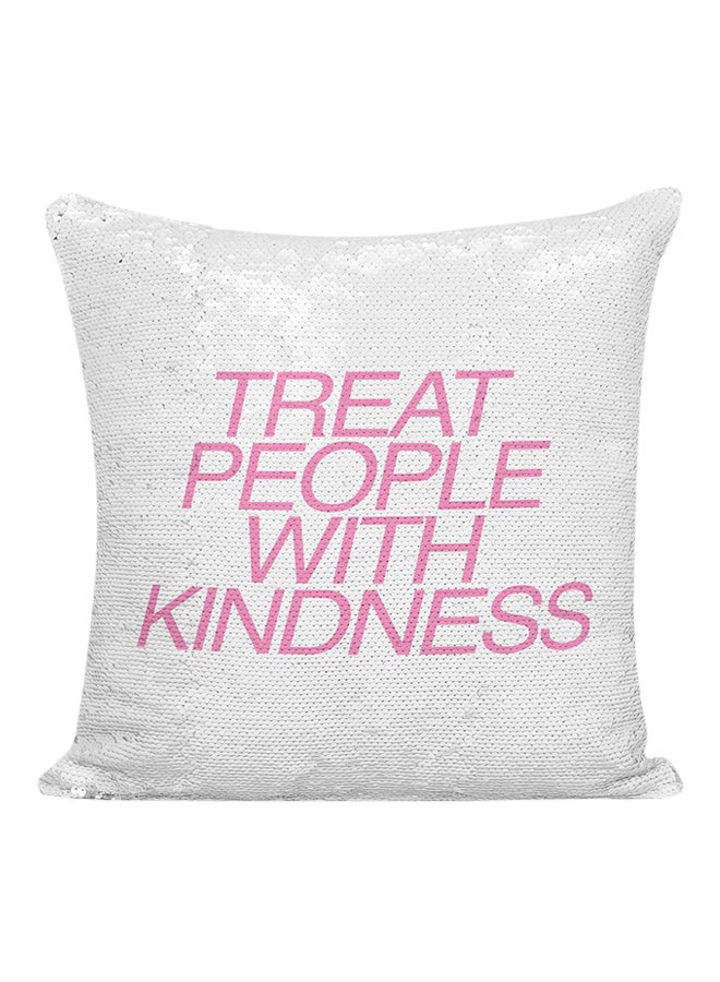 وسادة مطرزة بعبارة "Treat People With Kindness" أبيض/ وردي 16x16بوصة - Image 1