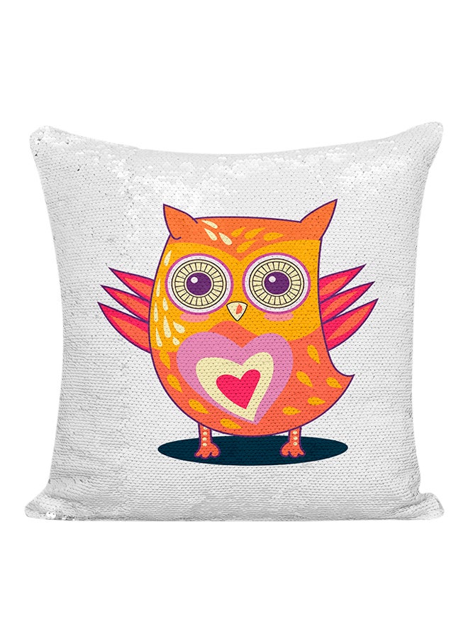 Owl Love Heart Sequined Pillow White/Pink/Orange 16x16inch - Image 1