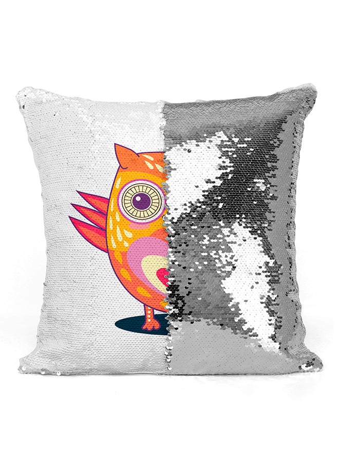 Owl Love Heart Sequined Pillow White/Pink/Orange 16x16inch - Image 2