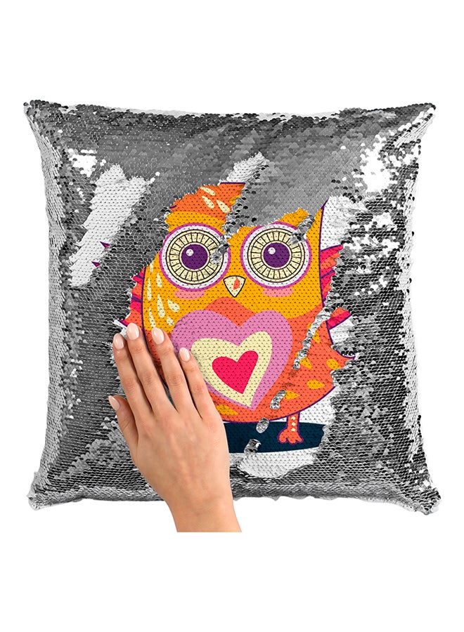Owl Love Heart Sequined Pillow White/Pink/Orange 16x16inch - Image 3
