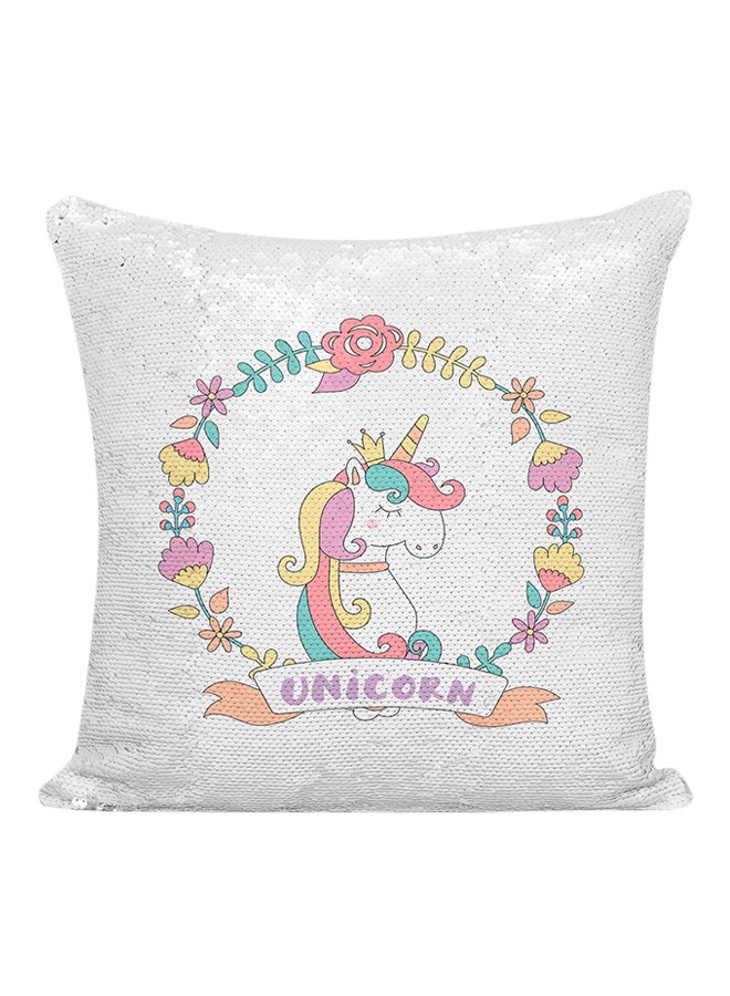 Unicorn Printed Sequined Pillow White/Pink/Green 16x16inch - Image 1