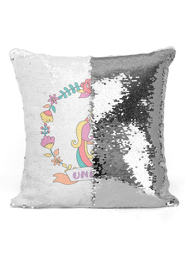 Unicorn Printed Sequined Pillow White/Pink/Green 16x16inch - Image 2