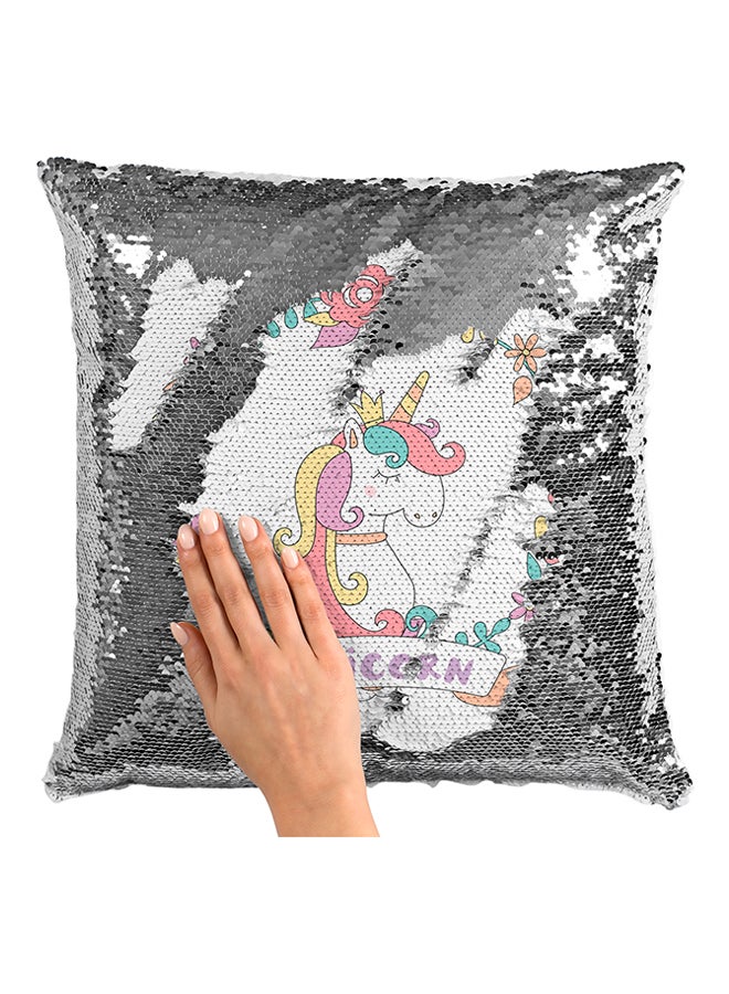 Unicorn Printed Sequined Pillow White/Pink/Green 16x16inch - Image 3