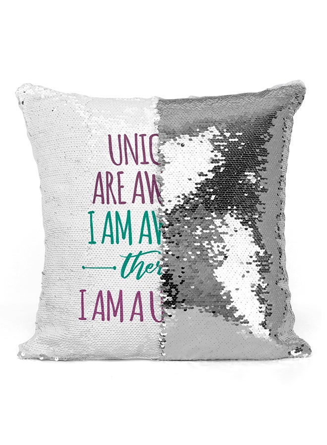 وسادة مطرزة بعبارة "Unicorns Are Awesome I Am Awesome" أبيض/فضي/أرجواني 16x16بوصة - Image 2