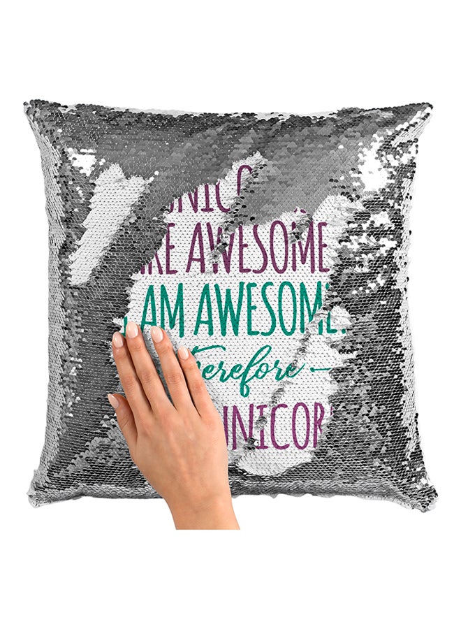 وسادة مطرزة بعبارة "Unicorns Are Awesome I Am Awesome" أبيض/فضي/أرجواني 16x16بوصة - Image 3