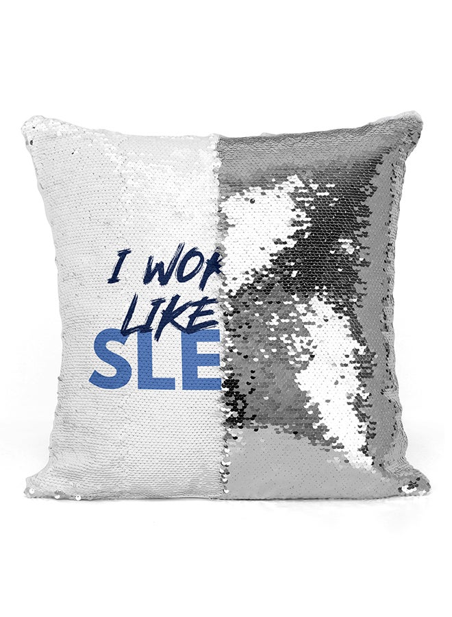 I Woke Up Like This Sleepy Sequined Pillow White/Silver/Blue 16x16inch - Image 2