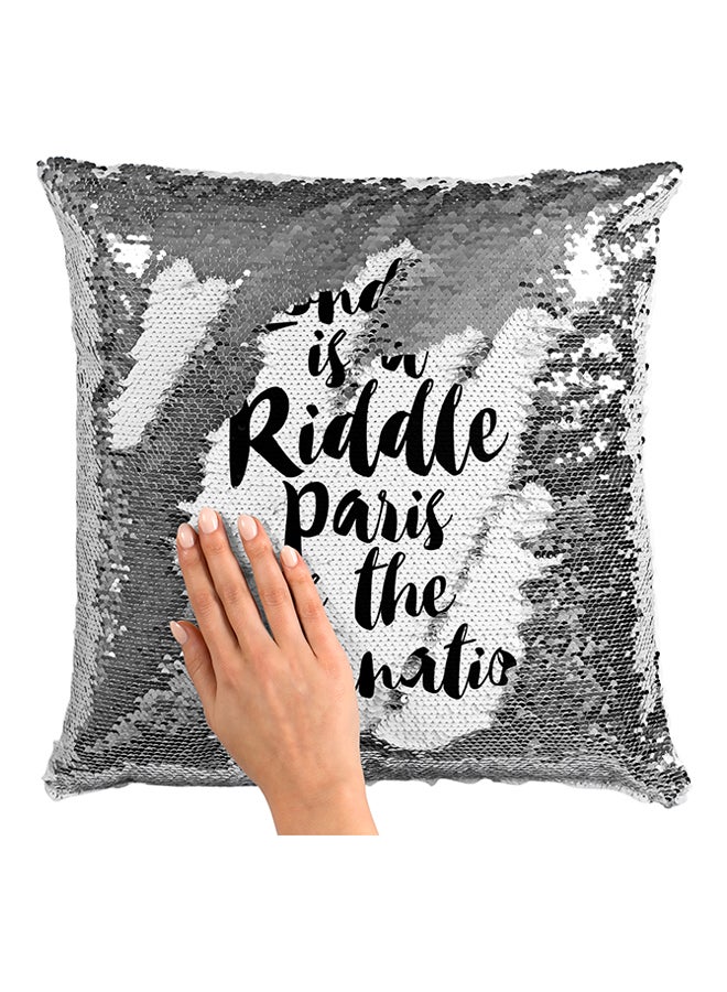 London Is A Riddle Paris Is The Explanation Sequined Decorative Pillow White/Silver/Black 16x16inch - Image 3