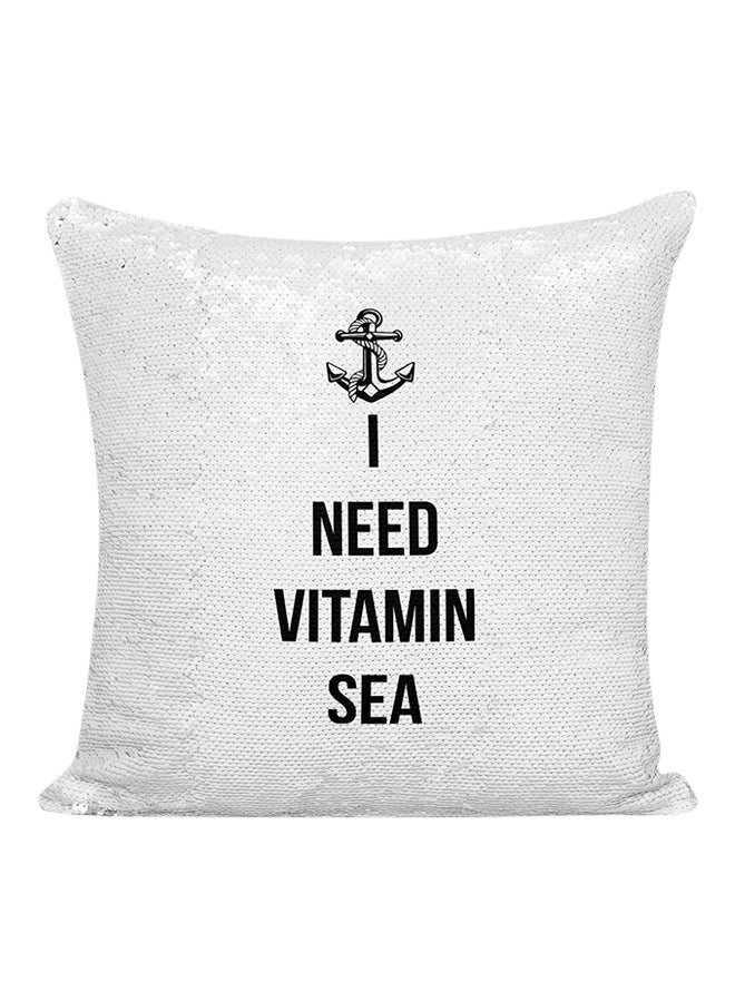 وسادة مزينة بالترتر بطبعة عبارة I Need Vitamin Sea أبيض / أسود / فضي 16x16بوصة - Image 1