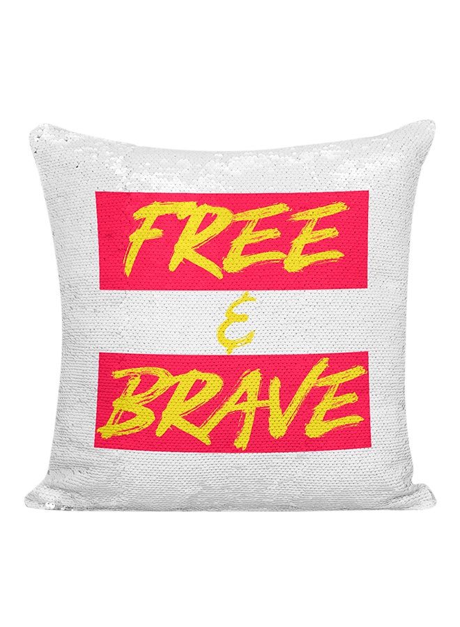 Free And Brave Sequined Pillow White/Red/Silver 16x16inch - Image 1