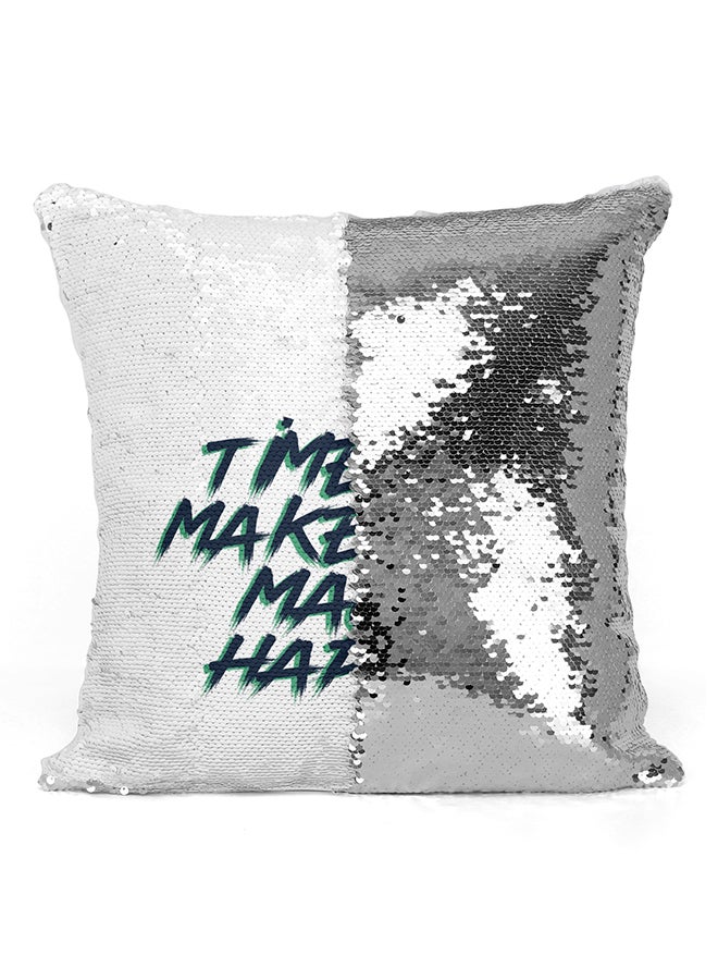 Time To Make The Magic Happen Sequined Pillow White/Silver/Green 16x16inch - Image 2