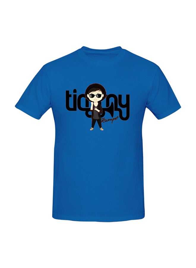 Round Neck Printed Cotton Short Sleeve T-Shirt Blue  - Image 1
