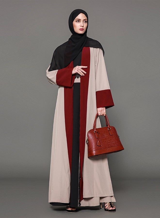 عباية بأكمام طويلة وتفاصيل رقع بيج/أحمر - Image 4