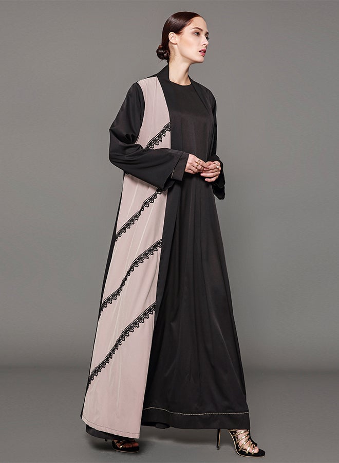 عباية بأكمام طويلة أسود / بيج - Image 3