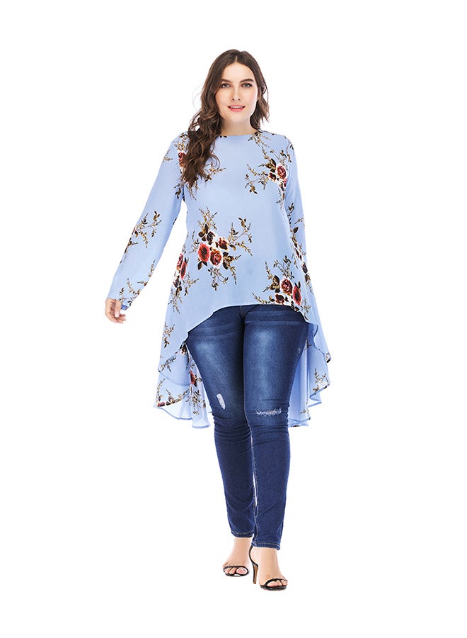 Floral Round Neck Long Sleeves Top Sky blue - Image 1