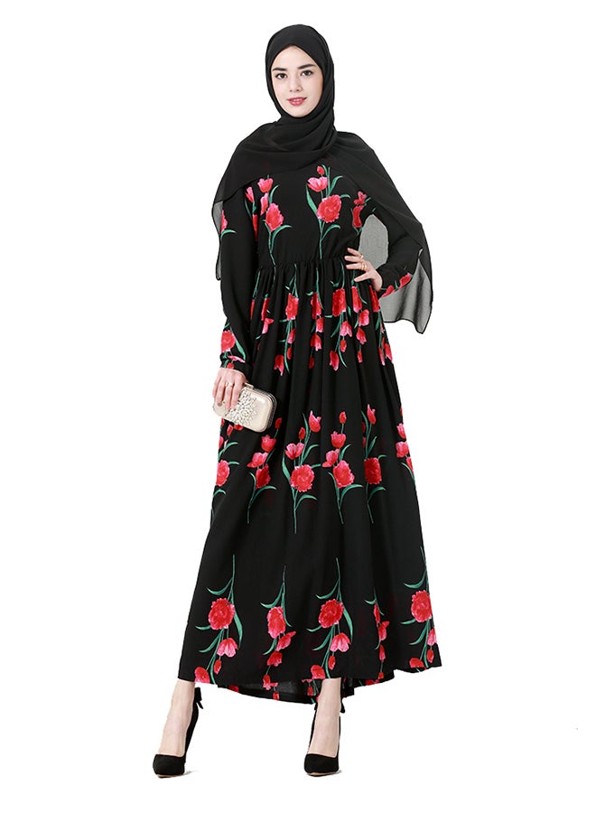 ماركة غير محددة فستان طويل بقبة دائرية وأكمام طويلة بنمط أزهار أسود  - Image 3