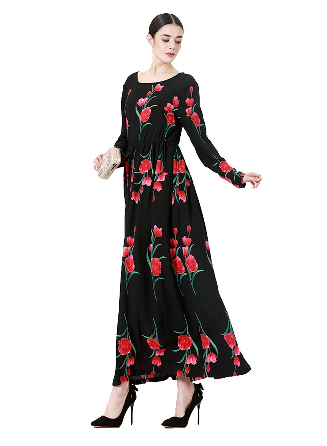ماركة غير محددة فستان طويل بقبة دائرية وأكمام طويلة بنمط أزهار أسود  - Image 4