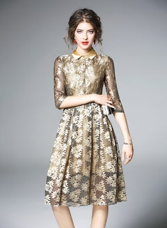 Y&D Damask Pattern Midi Dress Golden/White  - Image 3