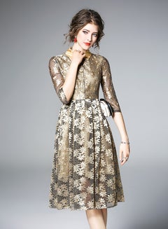 Y&D Damask Pattern Midi Dress Golden/White  - Image 4