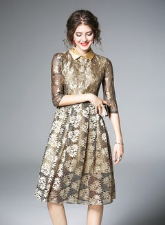 Y&D Damask Pattern Midi Dress Golden/White  - Image 5