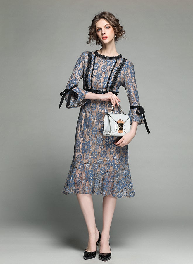 Y&D - Damask Pattern Midi Dress Grey - Image 1