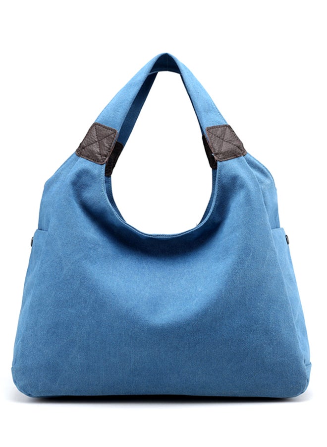 حقيبة تسوق/ توت من القماش الكتاني بتفاصيل خياطة أزرق - Image 1