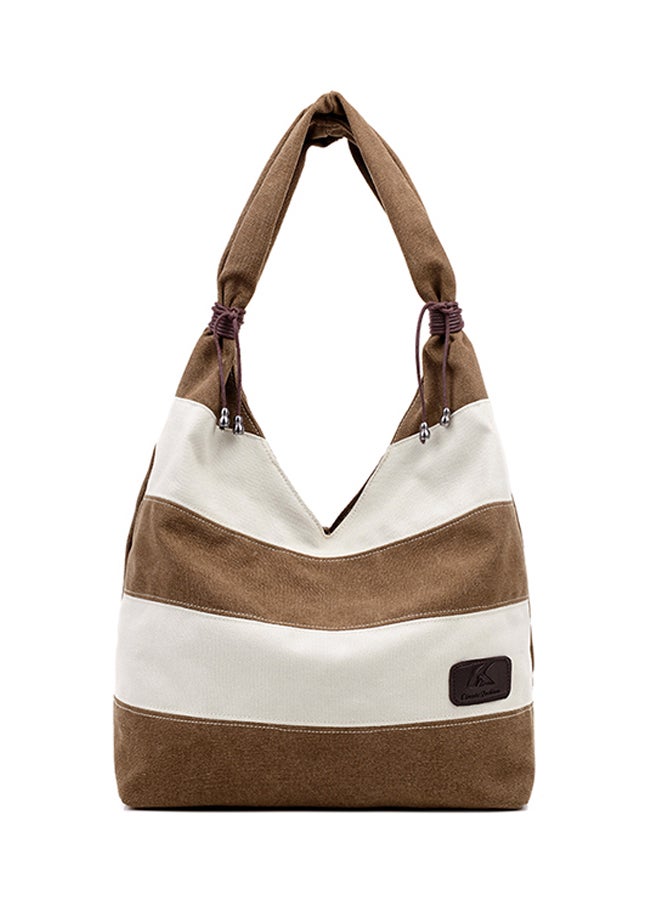 حقيبة تسوق/ توت من القماش الكتاني بتفاصيل خياطة بلون القهوة - Image 1