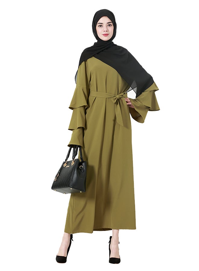 Plain Belted Multi-Layered Ruffled Sleeve Dress Green - Image 1