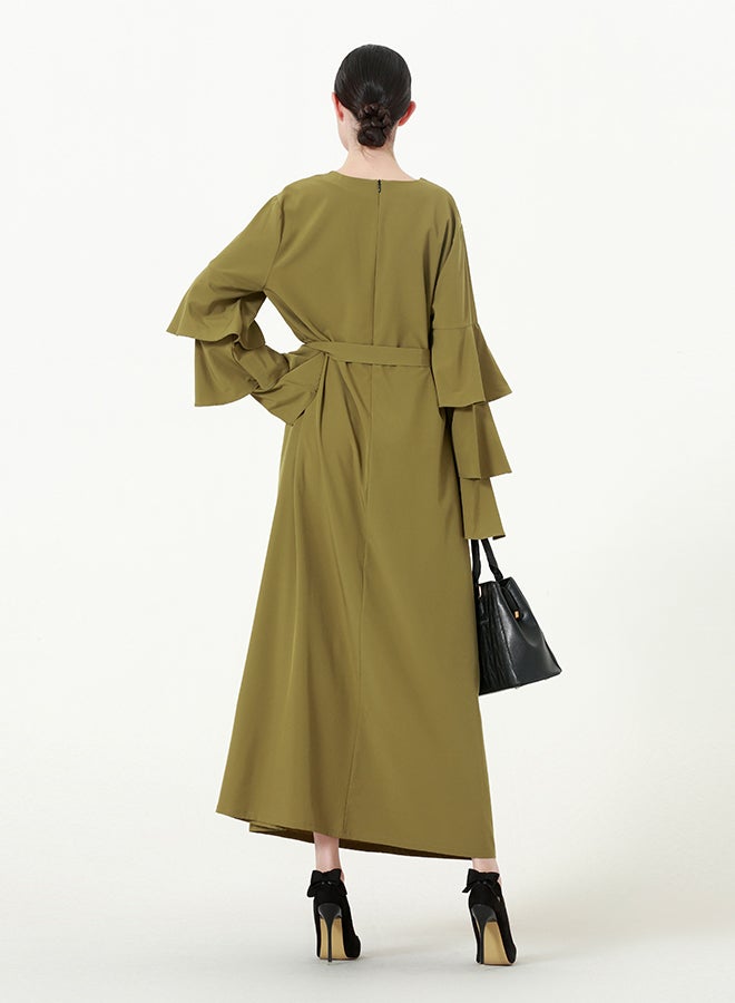 Plain Belted Multi-Layered Ruffled Sleeve Dress Green - Image 2