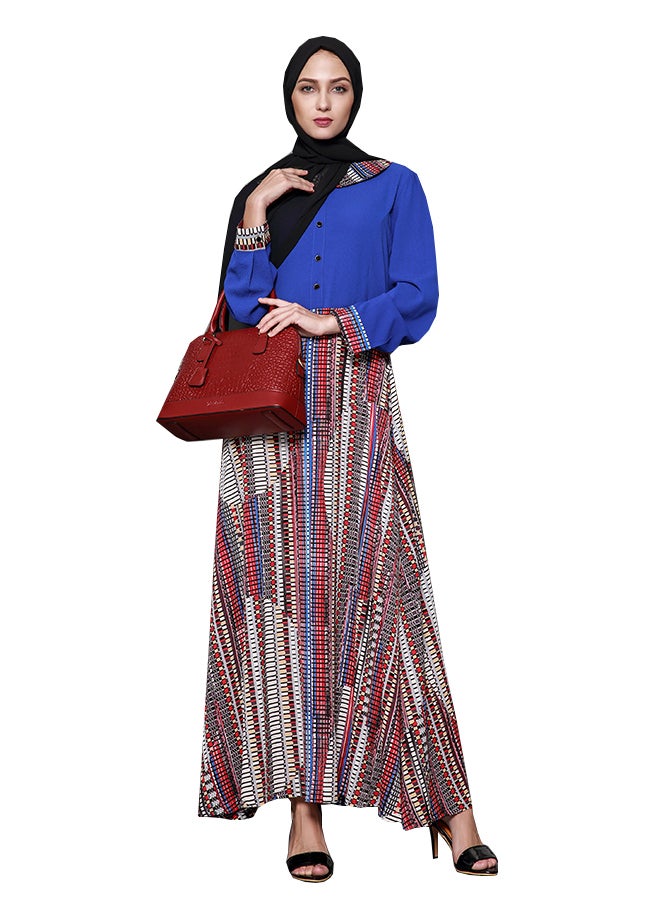 عباية بأكمام طويلة وتصميم رقعات قماشية أزرق - Image 1