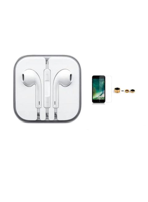 In-Ear Earphones For Apple iPhone 7 With Tempered Glass Screen Protector And 3-In-1 Mobile Camera Lens Kit White