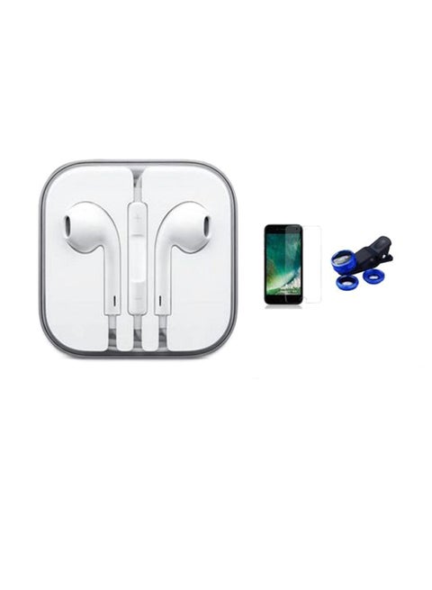 In-Ear Earphones For Apple iPhone 7 Plus With Tempered Glass Screen Protector And 3-In-1 Mobile Camera Lens Kit White